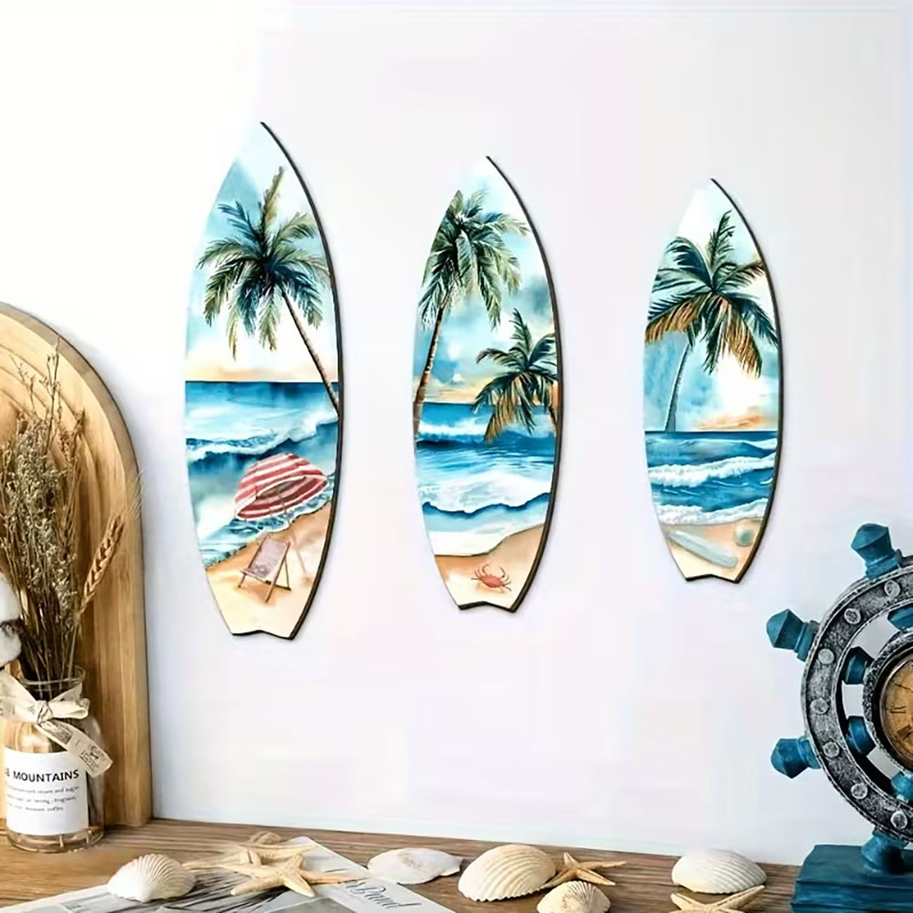 Home Decor Nautical - 3피스 바다 전망 서핑보드 나무 벽