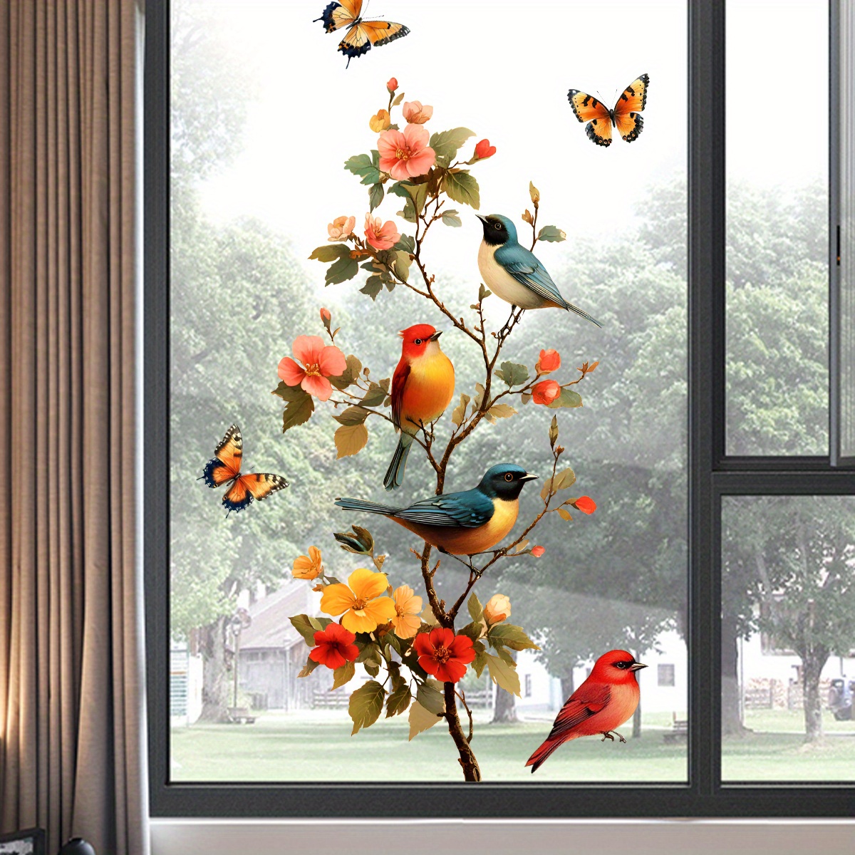 Home Decor Window Blinds - 1개의 목가적 꽃과 새 창문 스티커,