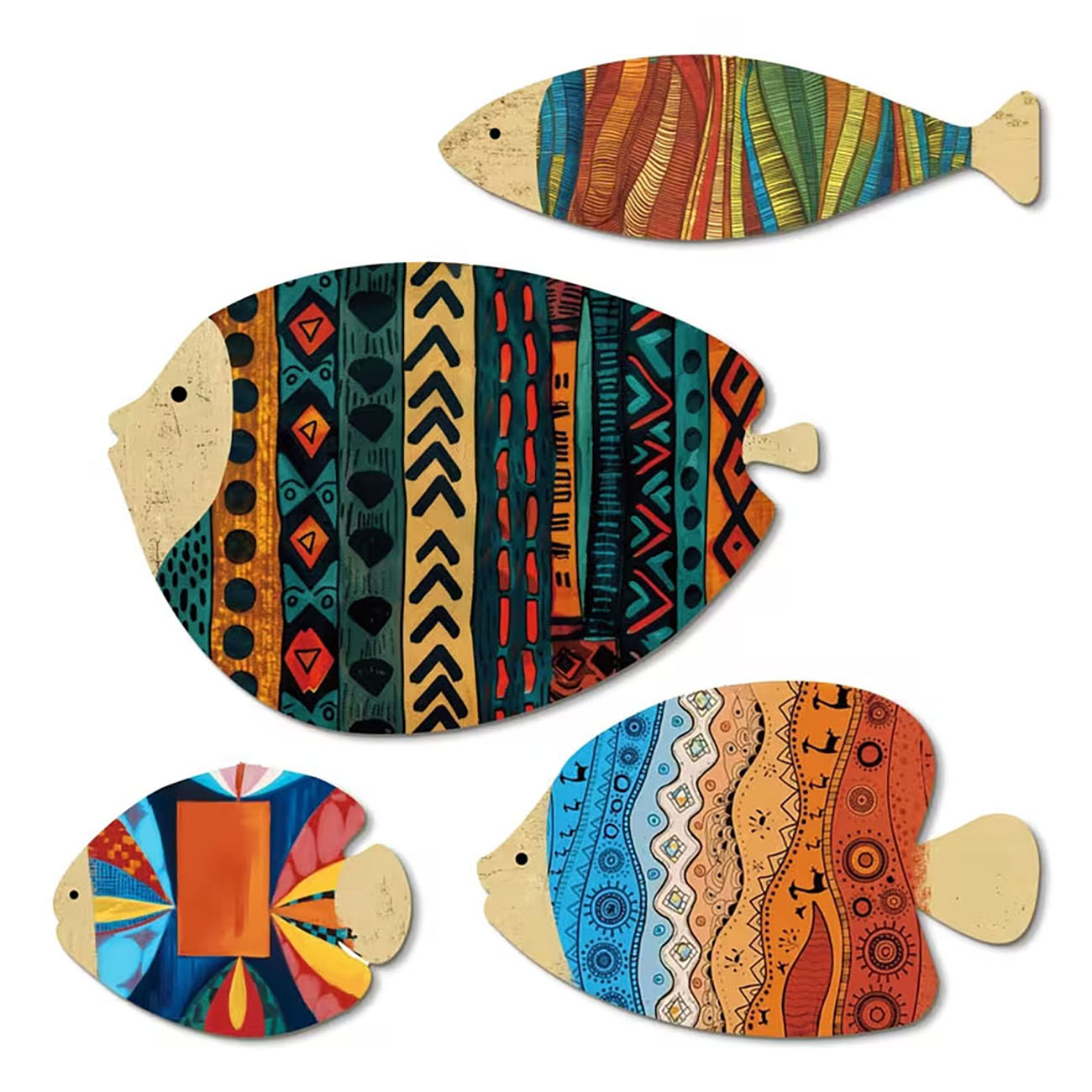 Home Decor Nautical - 4개의 나무 물고기 벽 장식, 2D