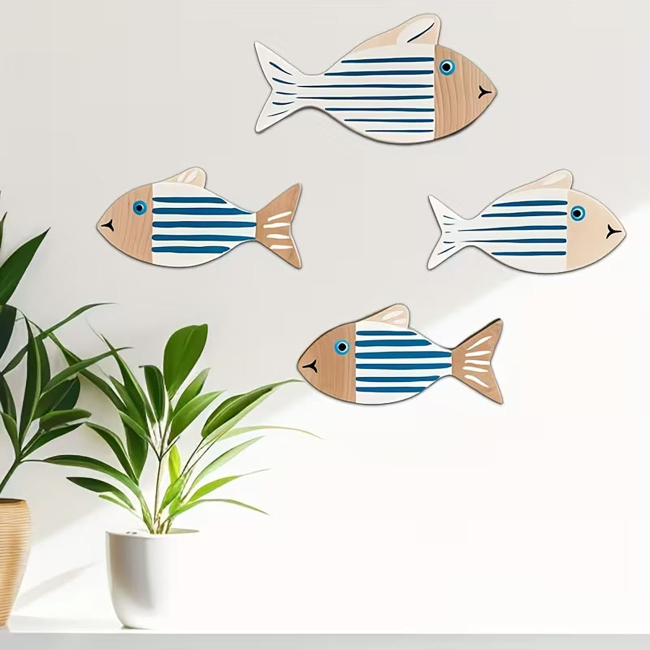Home Decor Nautical - 4개의 나무 줄무늬 물고기 벽 장식,