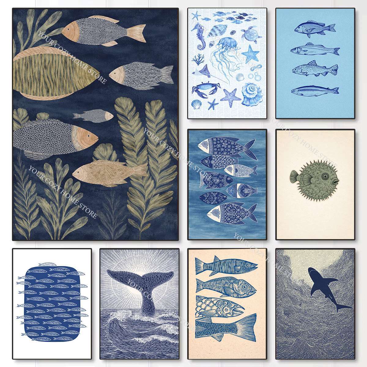 Home Decor Nautical - 미니멀리스트 해양 물고기와 파도 아트 포스터