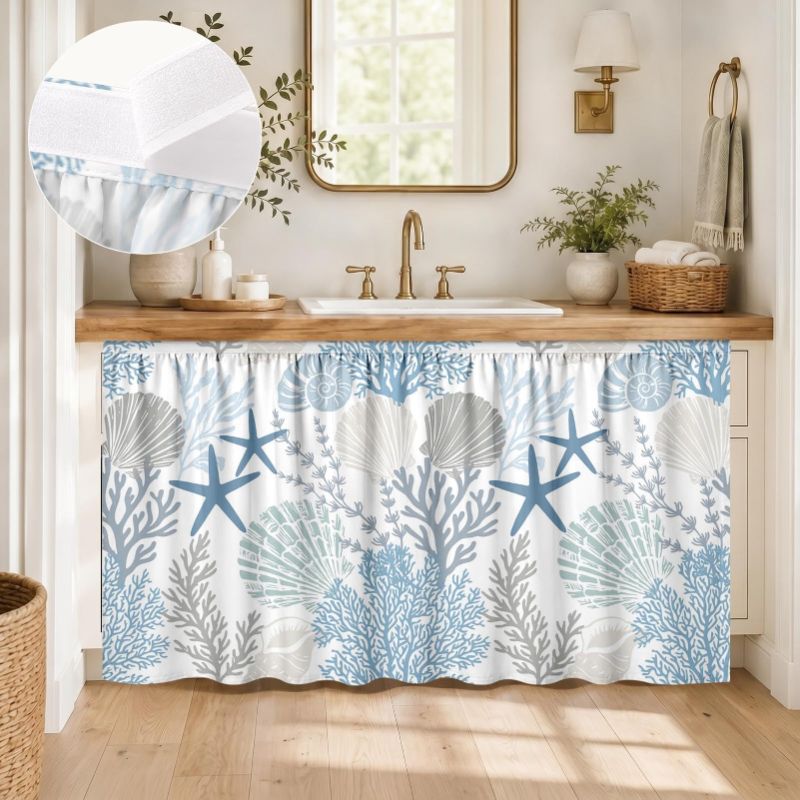 비카마 해양 블루 조개 패턴 훅앤루프 싱크대 하부 커버 - Home Decor Nautical 리뷰 및 가격