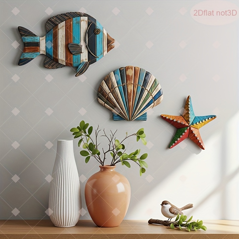 3개 세트 해안풍 나무 벽 장식, 레트로 물고기 조개  - Home Decor Nautical 리뷰 및 가격