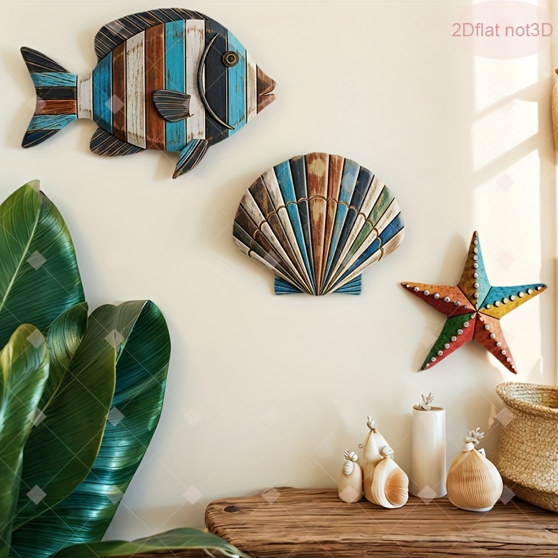 3개 세트 해안풍 나무 벽 장식, 레트로 물고기 조개  - Home Decor Nautical 리뷰 및 가격