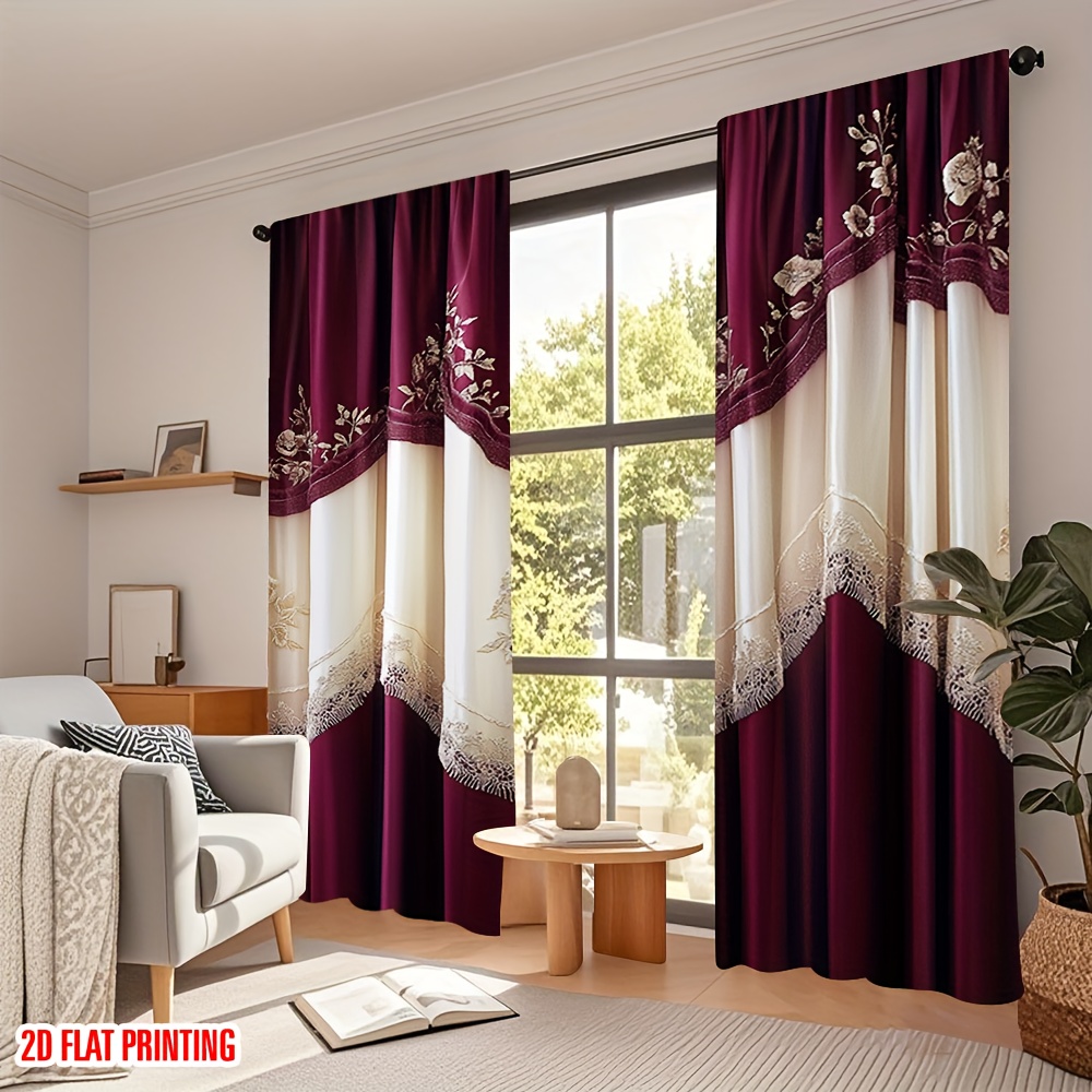 2PCS 디지털 프린트 커튼, 와인 레드 라이스 화이트 - Home Decor Window Blinds 리뷰 및 가격