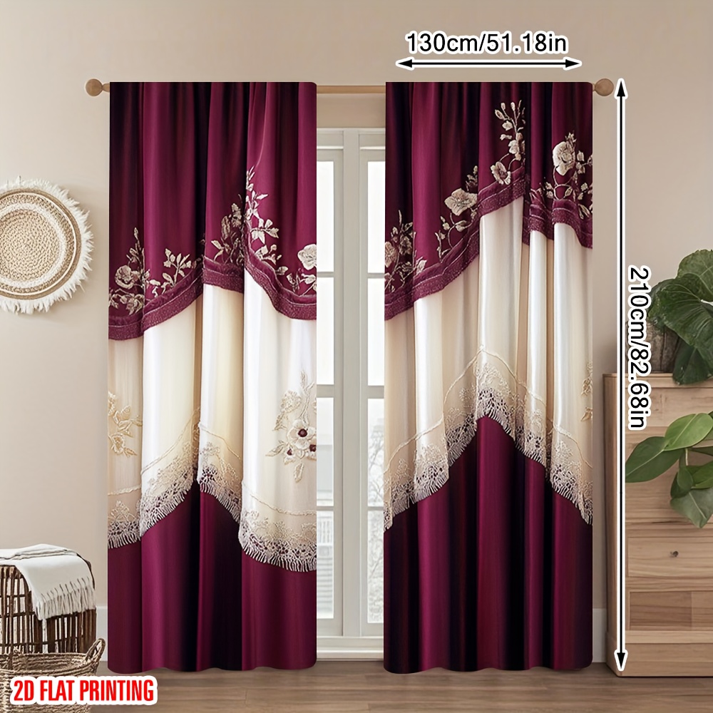 2PCS 디지털 프린트 커튼, 와인 레드 라이스 화이트 - Home Decor Window Blinds 리뷰 및 가격