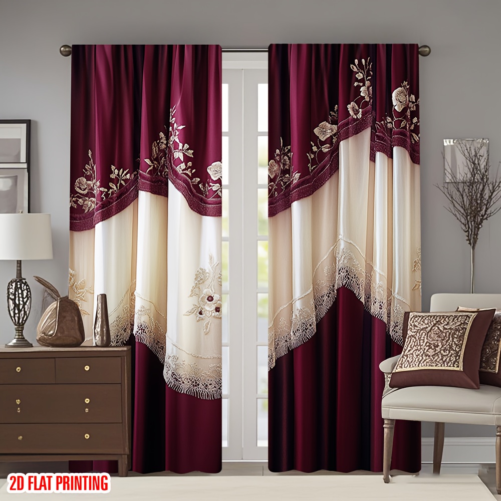 2PCS 디지털 프린트 커튼, 와인 레드 라이스 화이트 - Home Decor Window Blinds 리뷰 및 가격