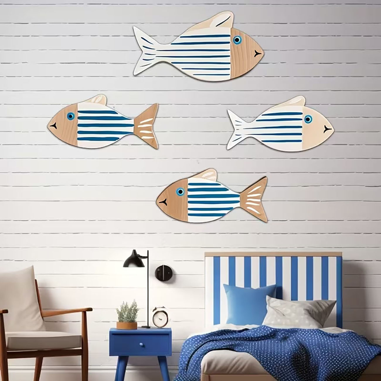 4개의 나무 줄무늬 물고기 벽 장식, 2D 플랫 프린트 - Home Decor Nautical 리뷰 및 가격