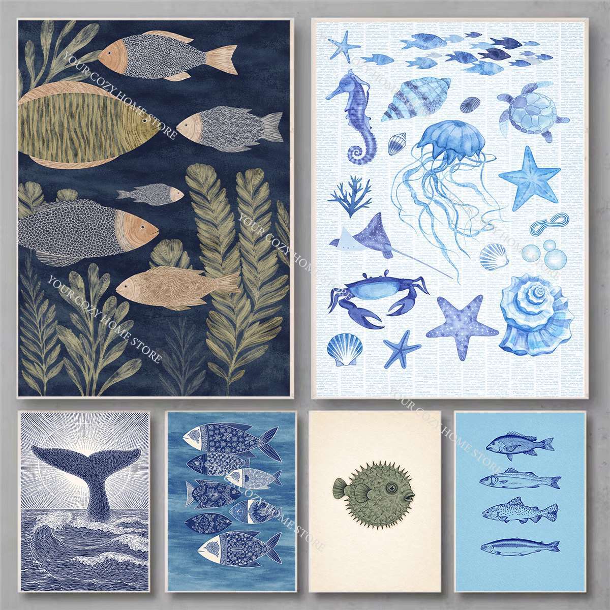 미니멀리스트 해양 물고기와 파도 아트 포스터 파란색과  - Home Decor Nautical 리뷰 및 가격