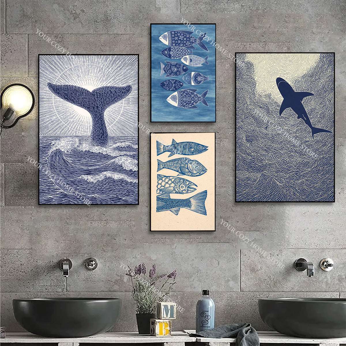 미니멀리스트 해양 물고기와 파도 아트 포스터 파란색과  - Home Decor Nautical 리뷰 및 가격